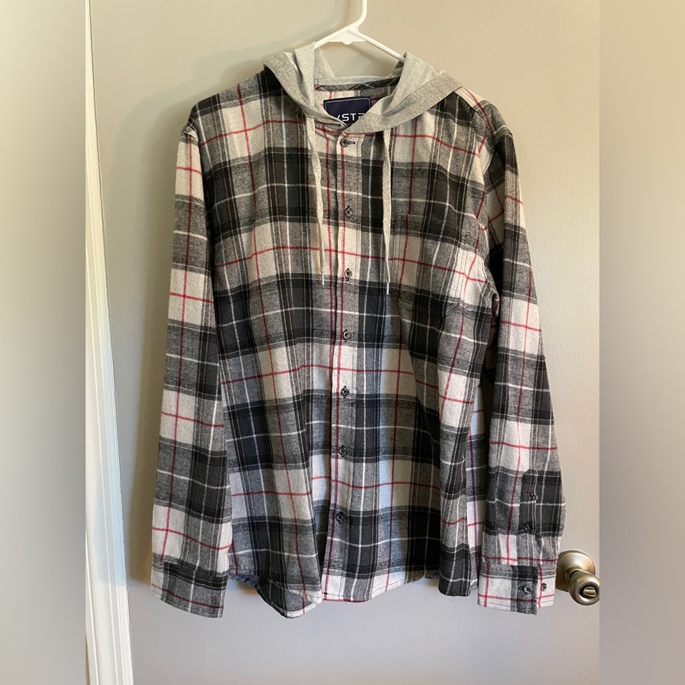 VSTR Men’s Gray and Red Plaid Button-Up Hoodie Large